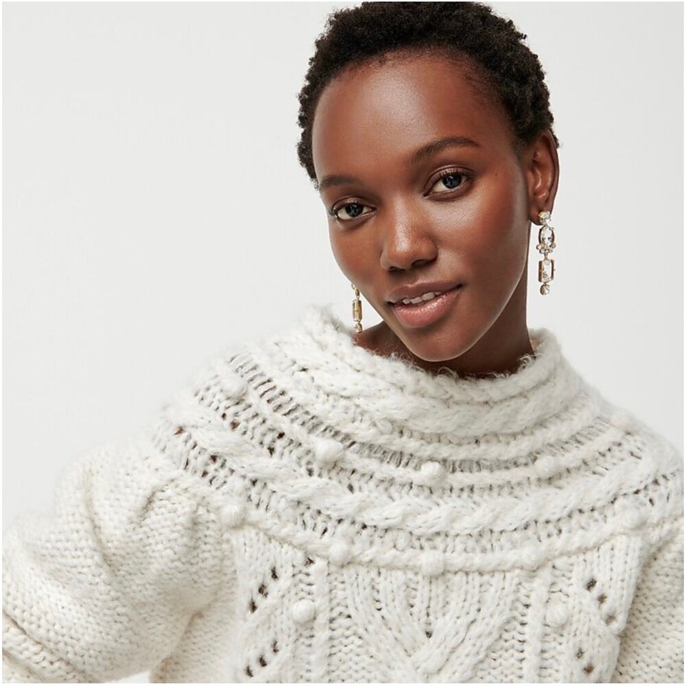 J. Crew Pointelle Pom Pom Sweater Alpaca Wool Blend Chunky Cable Knit Preppy - Picture 2 of 14